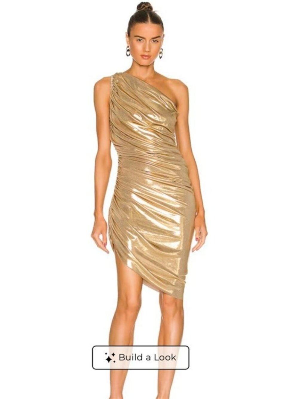 Norma Kamali Diana Metallic One-Shoulder Mini Dress in Gold. SZ S